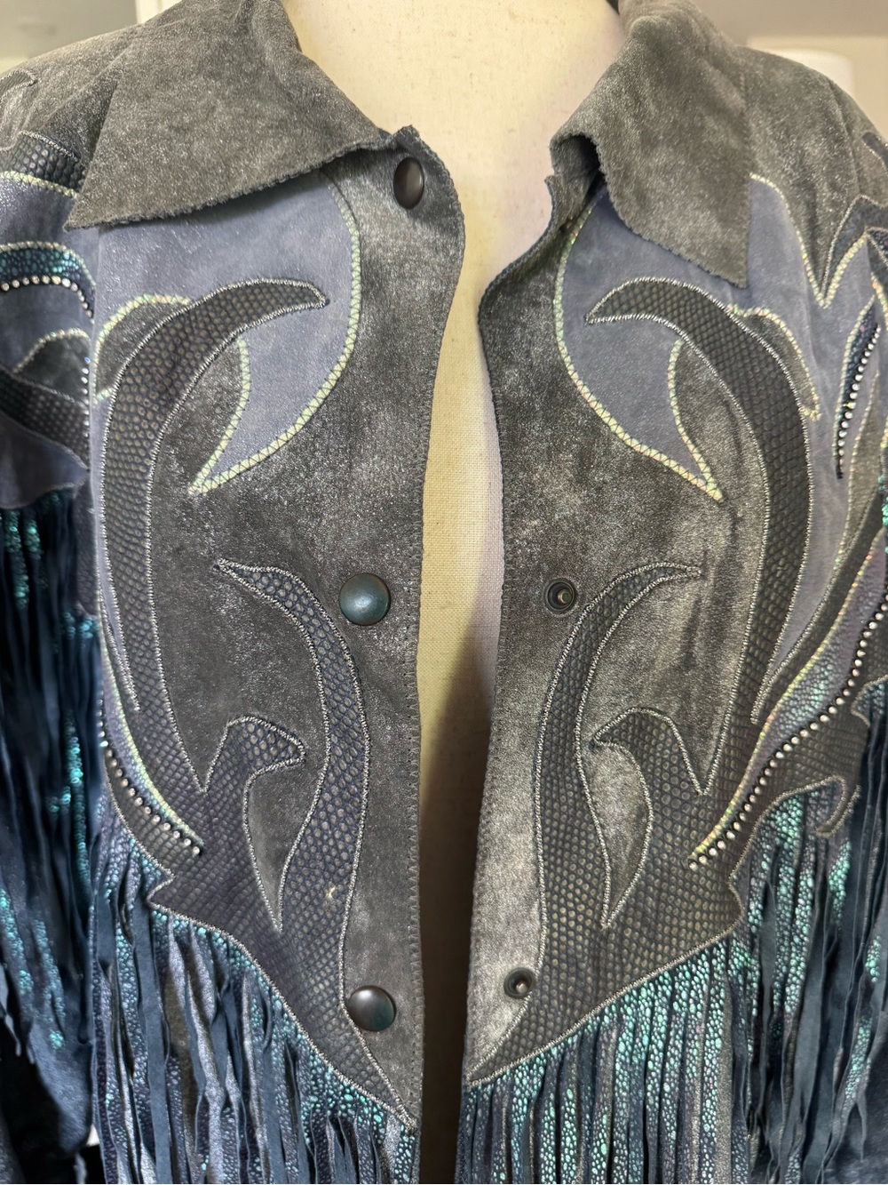 Vintage 80s Roberto Cavalli Fringed Metallic Blue Gray Suede Western Jacket XS - Picture 15 of 16